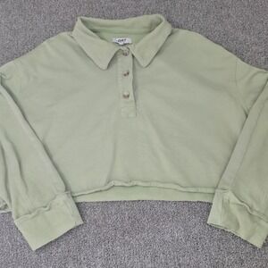OAT Cropped Pullover Womens Size L Green Collared Button Front Lounge Top